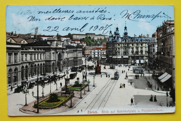 Ansichtskarte AK Zürich / Bahnhofplatz / 1907 / Bahnhof – Straßenbahn – Kutschen – Restaurants